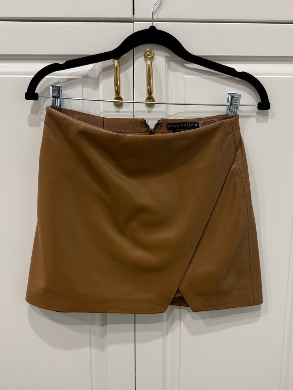 Alice + Olivia Camel Faux Leather Wrap Mini Skirt